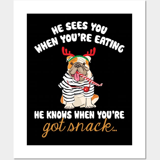 He Sees You When You're Eating Christmas Pug Wall Art by TeeSky